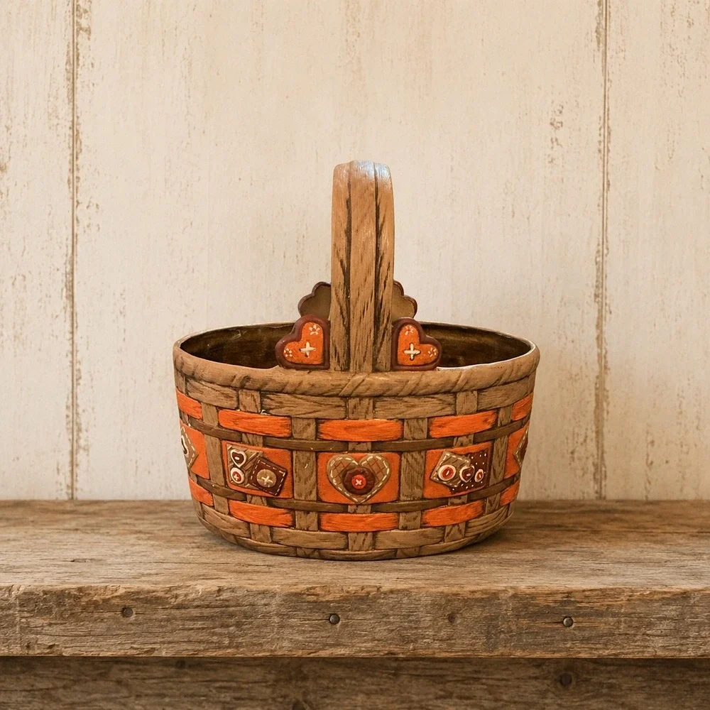 Vintage Ceramic Woven Basket Hand Painted Hearts Orange Brown Folk Art 8.5in